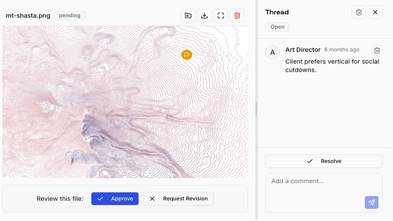 Project workspace with file buckets, pinned review, and comment thread